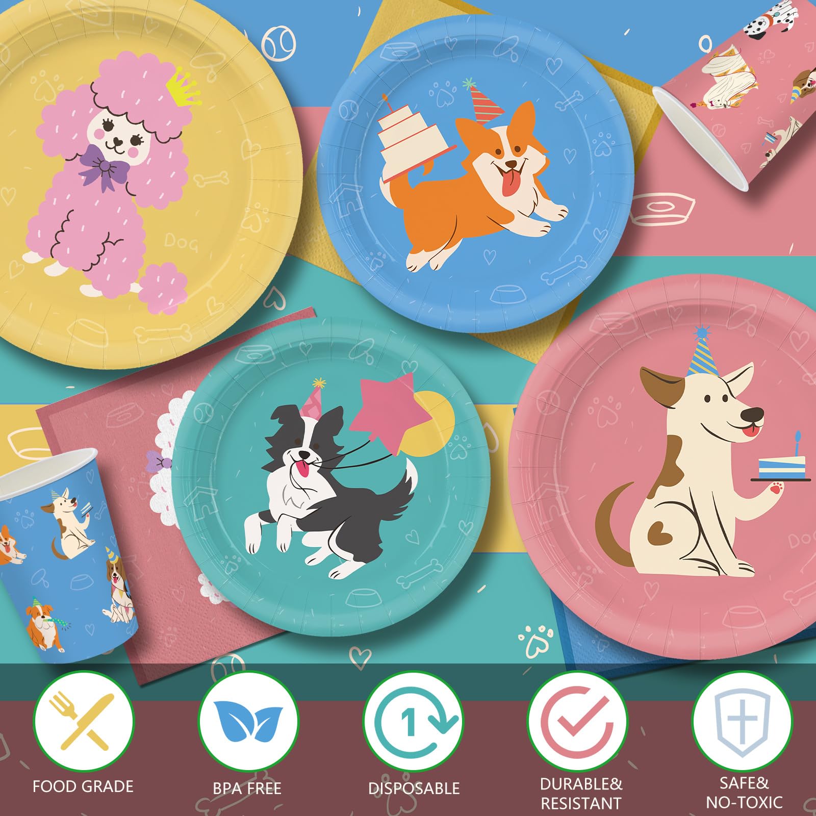XIENBLOC 203-Piece Retro Puppy Party Decorations Set for Dog Birthday – Serves 24