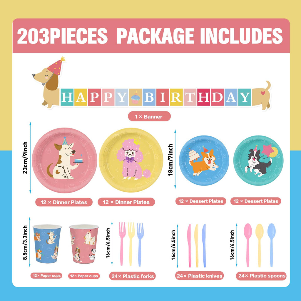 XIENBLOC 203-Piece Retro Puppy Party Decorations Set for Dog Birthday – Serves 24