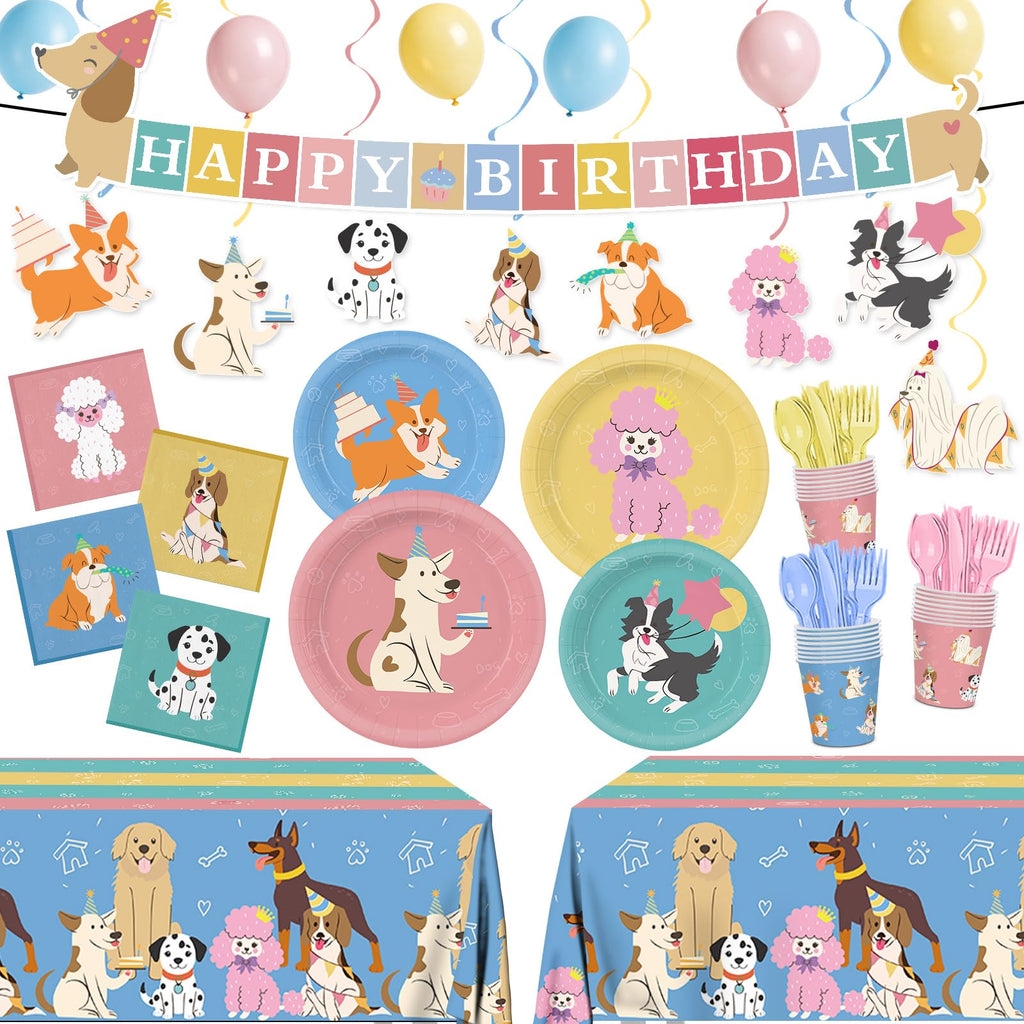 XIENBLOC 203-Piece Retro Puppy Party Decorations Set for Dog Birthday – Serves 24