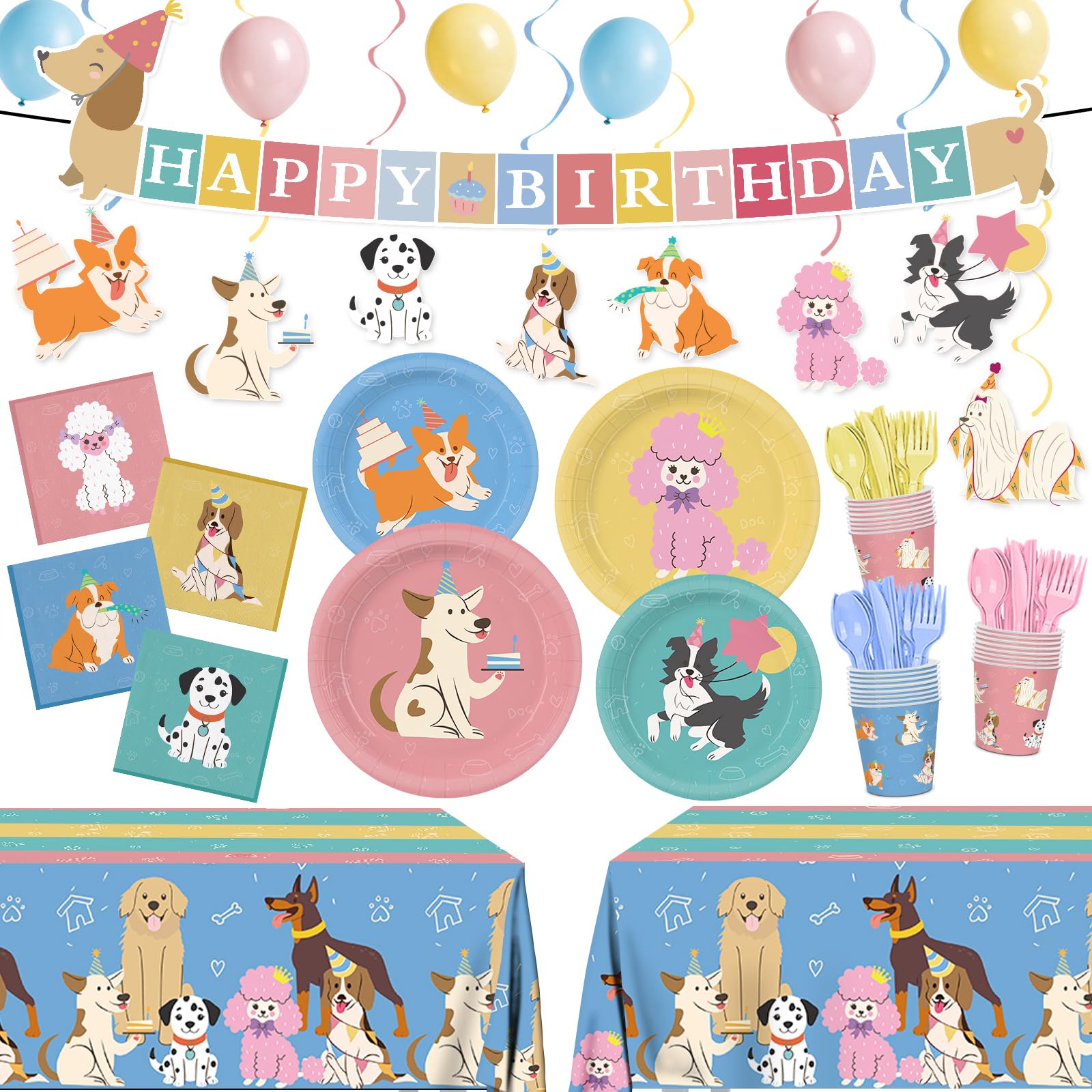 XIENBLOC 203-Piece Retro Puppy Party Decorations Set for Dog Birthday – Serves 24