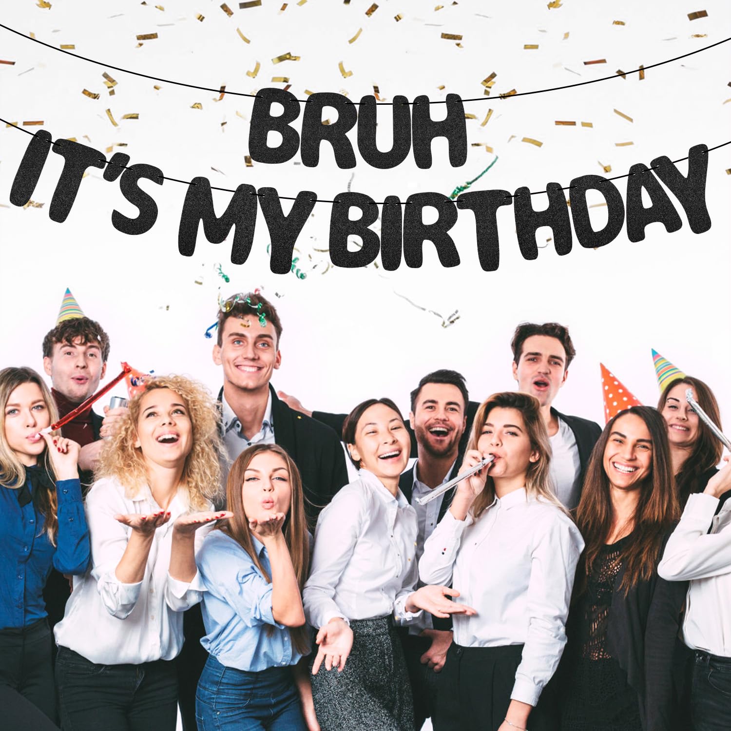 XIHIRCD Bruh It's My Birthday Banner - Black Glitter Prestrung Teen Birthday Decor