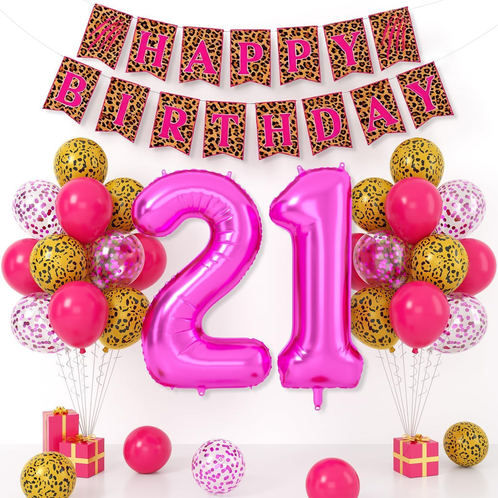 Xinvery 21st Birthday Decorations - Pink Gold Leopard Balloons Set with Banner & 21 Number Foil Balloons