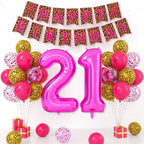 Xinvery 21st Birthday Decorations - Pink Gold Leopard Balloons Set with Banner & 21 Number Foil Balloons