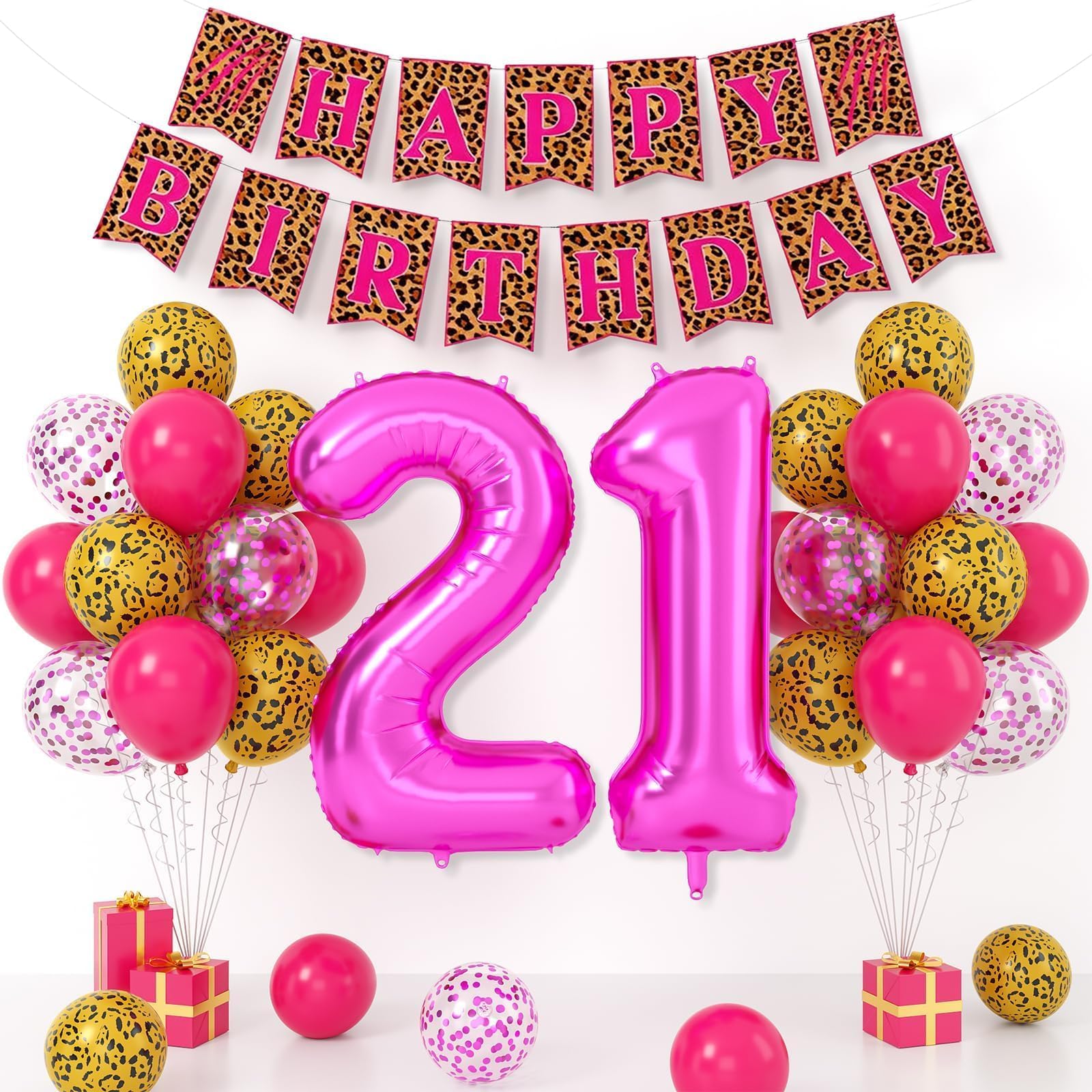 Xinvery 21st Birthday Decorations - Pink Gold Leopard Balloons Set with Banner & 21 Number Foil Balloons