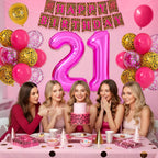 Xinvery 21st Birthday Decorations - Pink Gold Leopard Balloons Set with Banner & 21 Number Foil Balloons