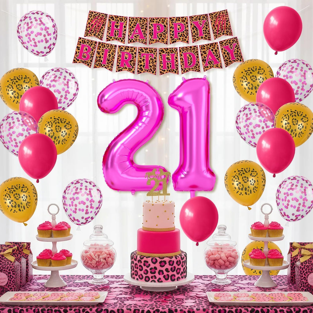 Xinvery 21st Birthday Decorations - Pink Gold Leopard Balloons Set with Banner & 21 Number Foil Balloons
