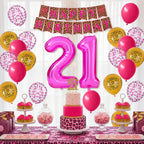 Xinvery 21st Birthday Decorations - Pink Gold Leopard Balloons Set with Banner & 21 Number Foil Balloons