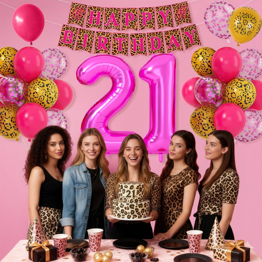 Xinvery 21st Birthday Decorations - Pink Gold Leopard Balloons Set with Banner & 21 Number Foil Balloons