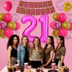 Xinvery 21st Birthday Decorations - Pink Gold Leopard Balloons Set with Banner & 21 Number Foil Balloons
