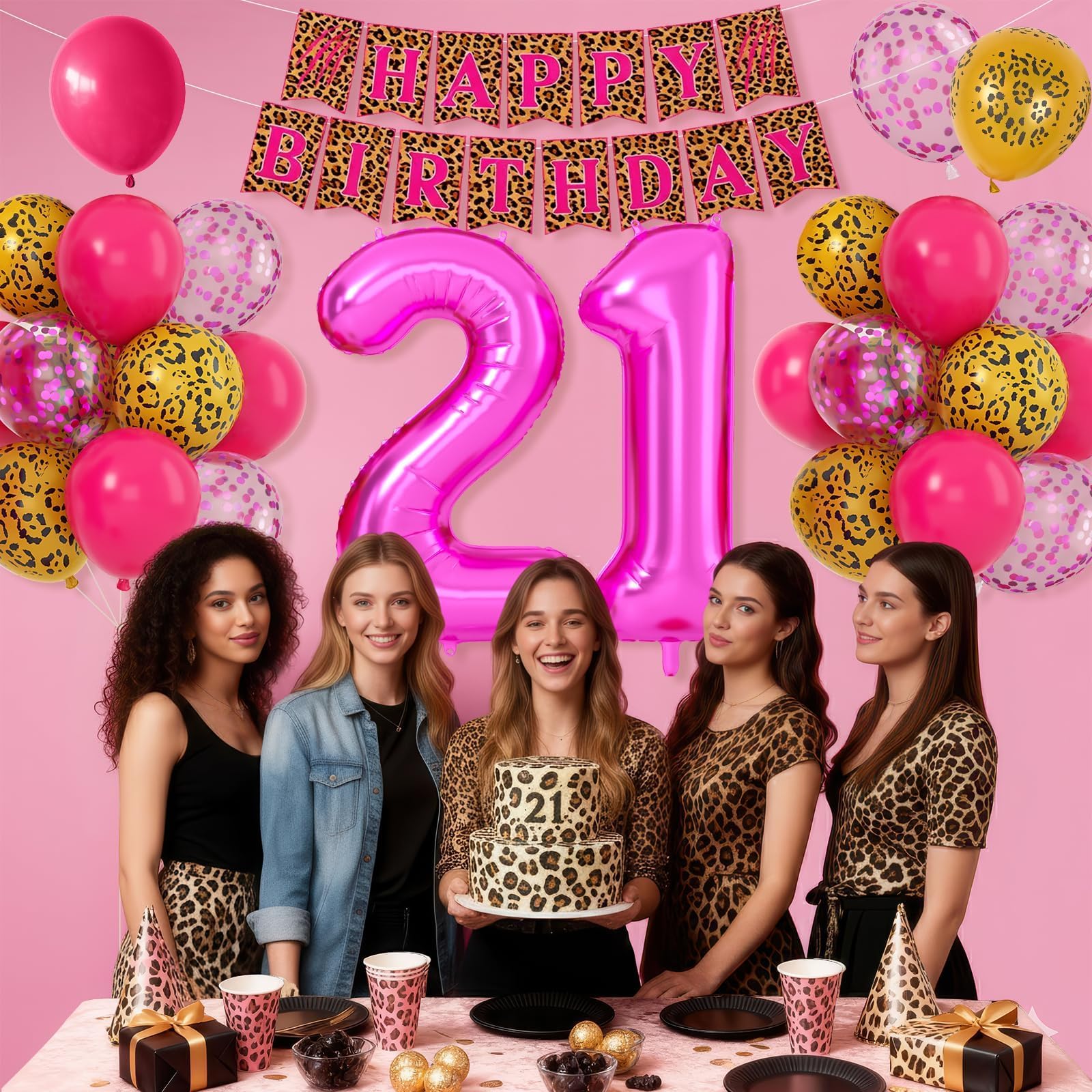 Xinvery 21st Birthday Decorations - Pink Gold Leopard Balloons Set with Banner & 21 Number Foil Balloons