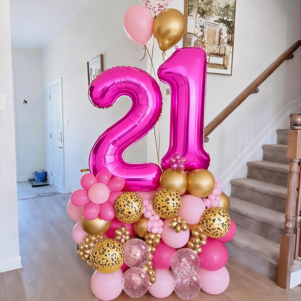 Xinvery 21st Birthday Decorations - Pink Gold Leopard Balloons Set with Banner & 21 Number Foil Balloons