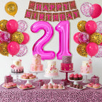 Xinvery 21st Birthday Decorations - Pink Gold Leopard Balloons Set with Banner & 21 Number Foil Balloons