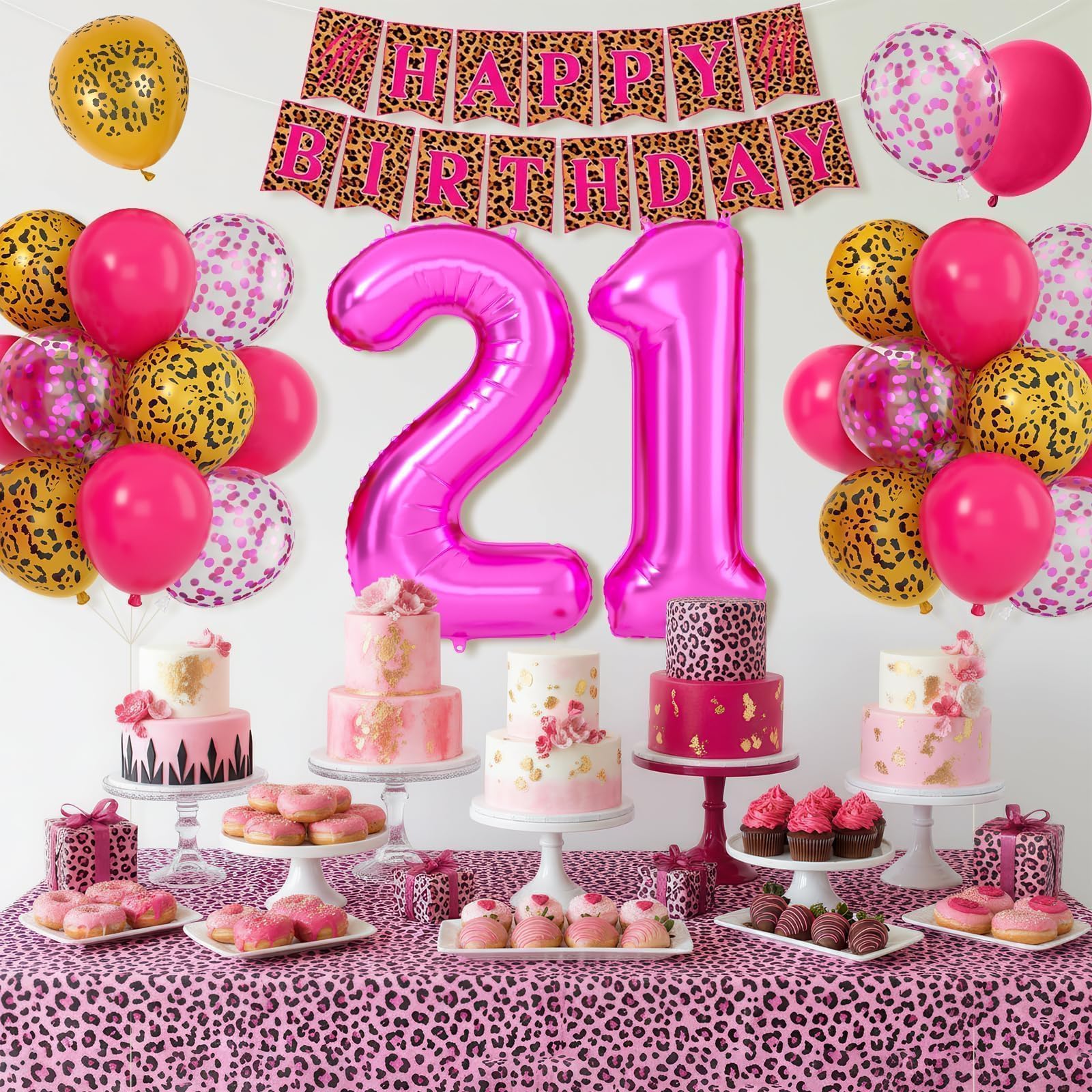 Xinvery 21st Birthday Decorations - Pink Gold Leopard Balloons Set with Banner & 21 Number Foil Balloons