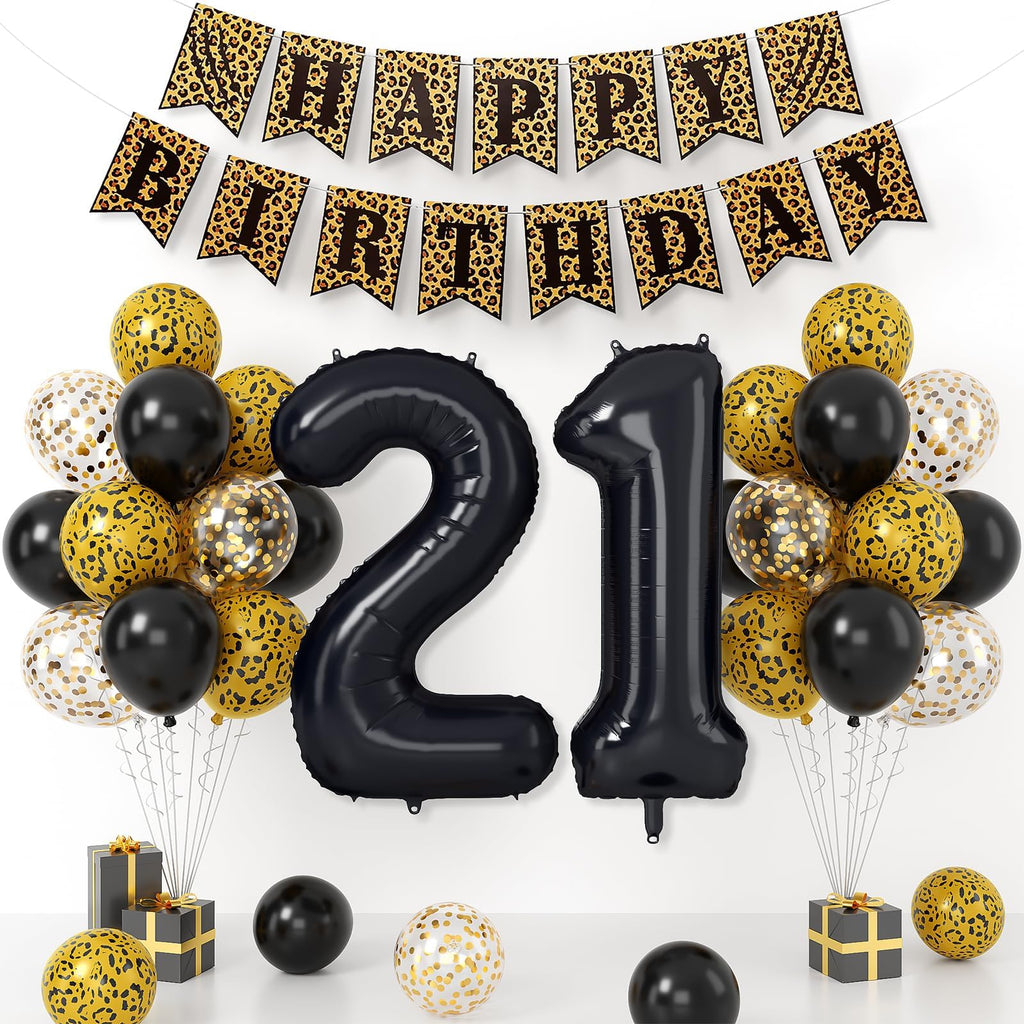 Xinvery 21st Cheetah Birthday Decorations – Black Gold Leopard Balloons, Happy Birthday Banner, 21 Number Balloons