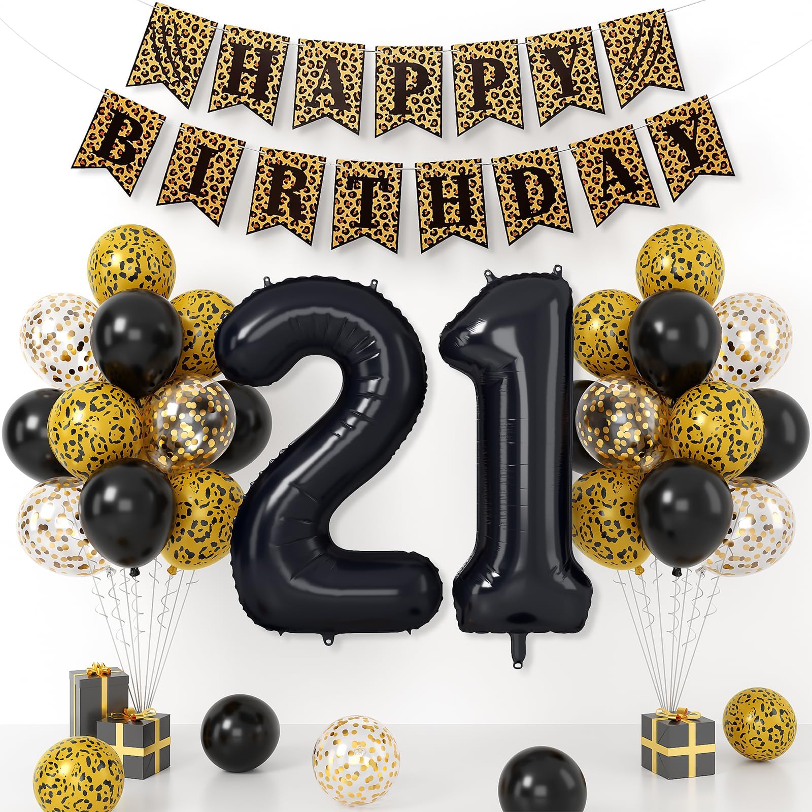 Xinvery 21st Cheetah Birthday Decorations – Black Gold Leopard Balloons, Happy Birthday Banner, 21 Number Balloons