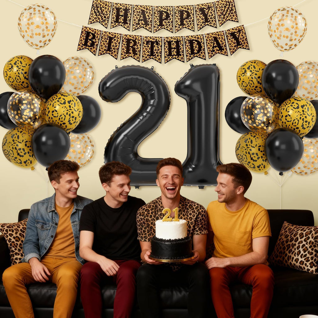 Xinvery 21st Cheetah Birthday Decorations – Black Gold Leopard Balloons, Happy Birthday Banner, 21 Number Balloons