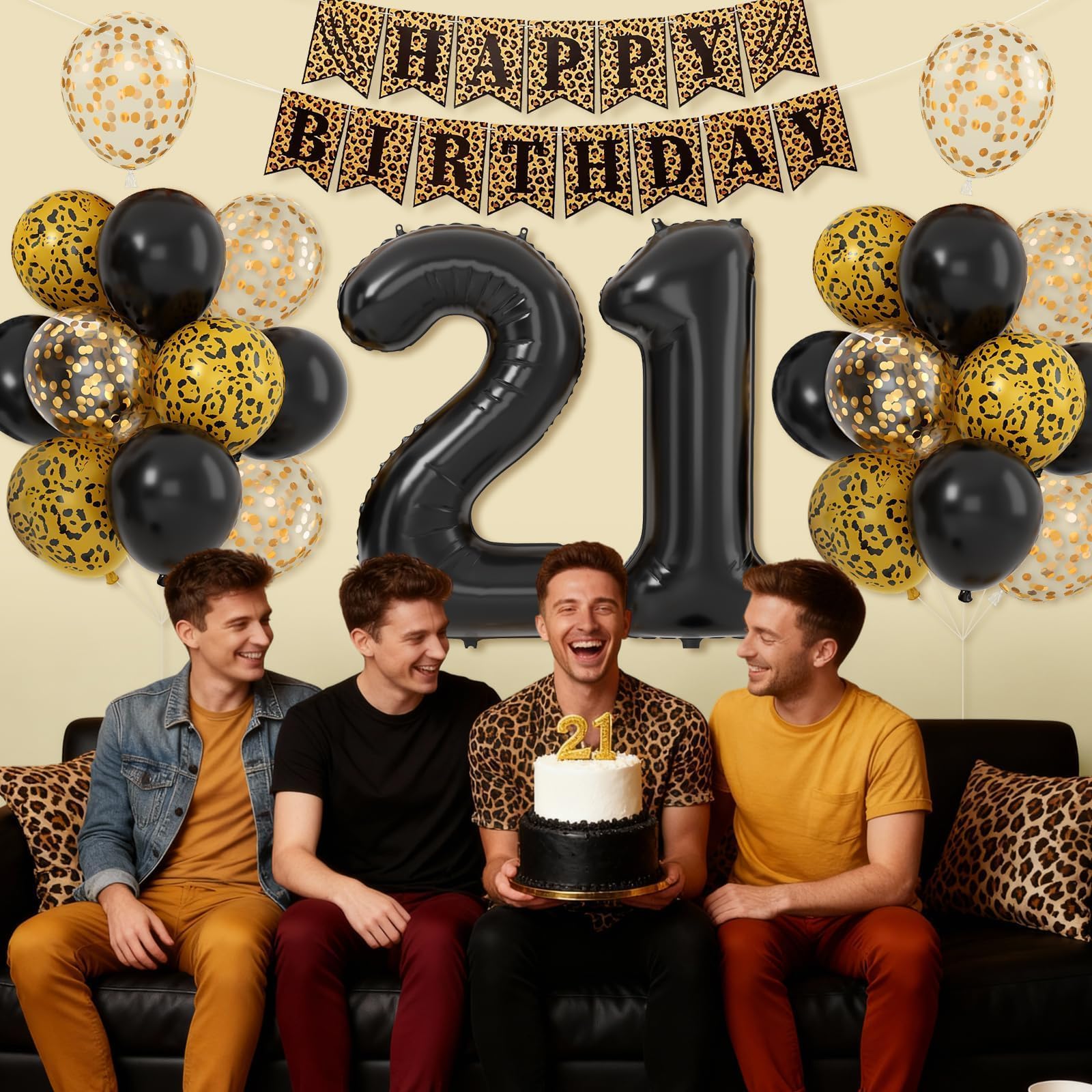 Xinvery 21st Cheetah Birthday Decorations – Black Gold Leopard Balloons, Happy Birthday Banner, 21 Number Balloons