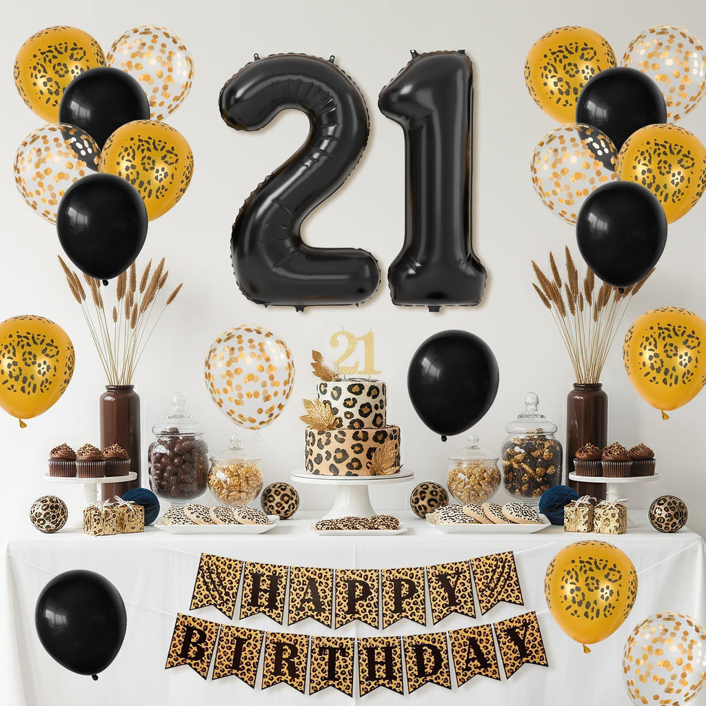 Xinvery 21st Cheetah Birthday Decorations – Black Gold Leopard Balloons, Happy Birthday Banner, 21 Number Balloons