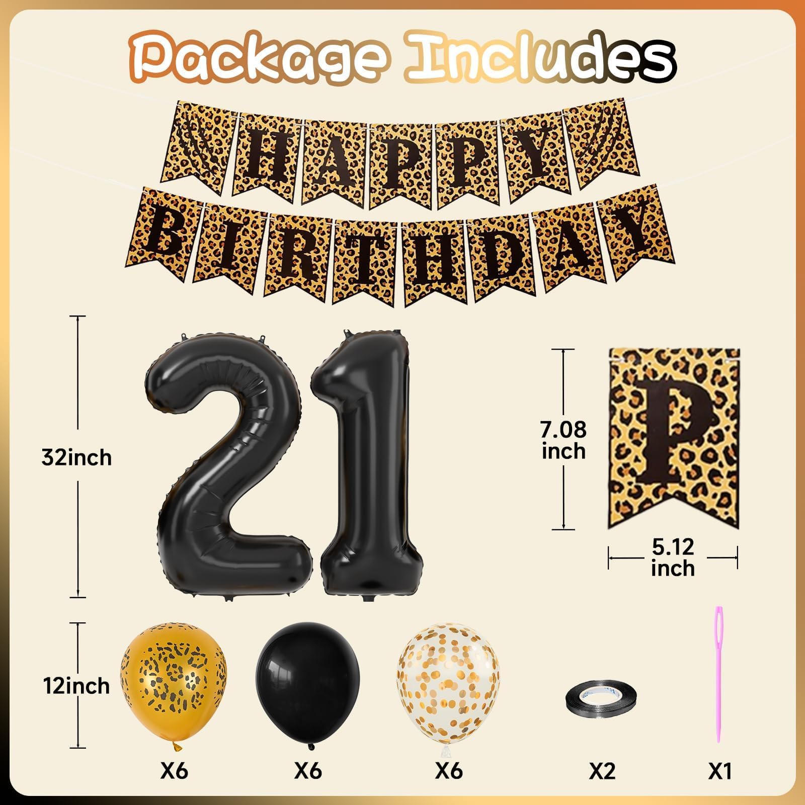 Xinvery 21st Cheetah Birthday Decorations – Black Gold Leopard Balloons, Happy Birthday Banner, 21 Number Balloons