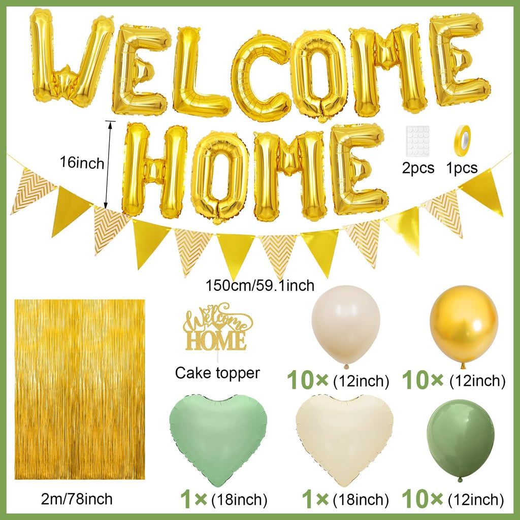 Xinvery Welcome Home Decorations – Sage Green & Gold Balloon Banner & Accessories