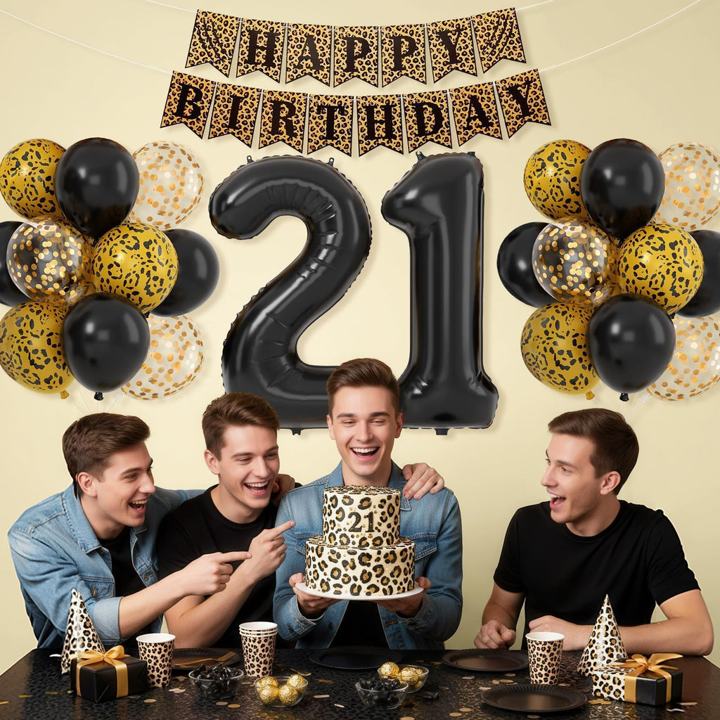 Xinvery 21st Cheetah Birthday Decorations – Black Gold Leopard Balloons, Happy Birthday Banner, 21 Number Balloons