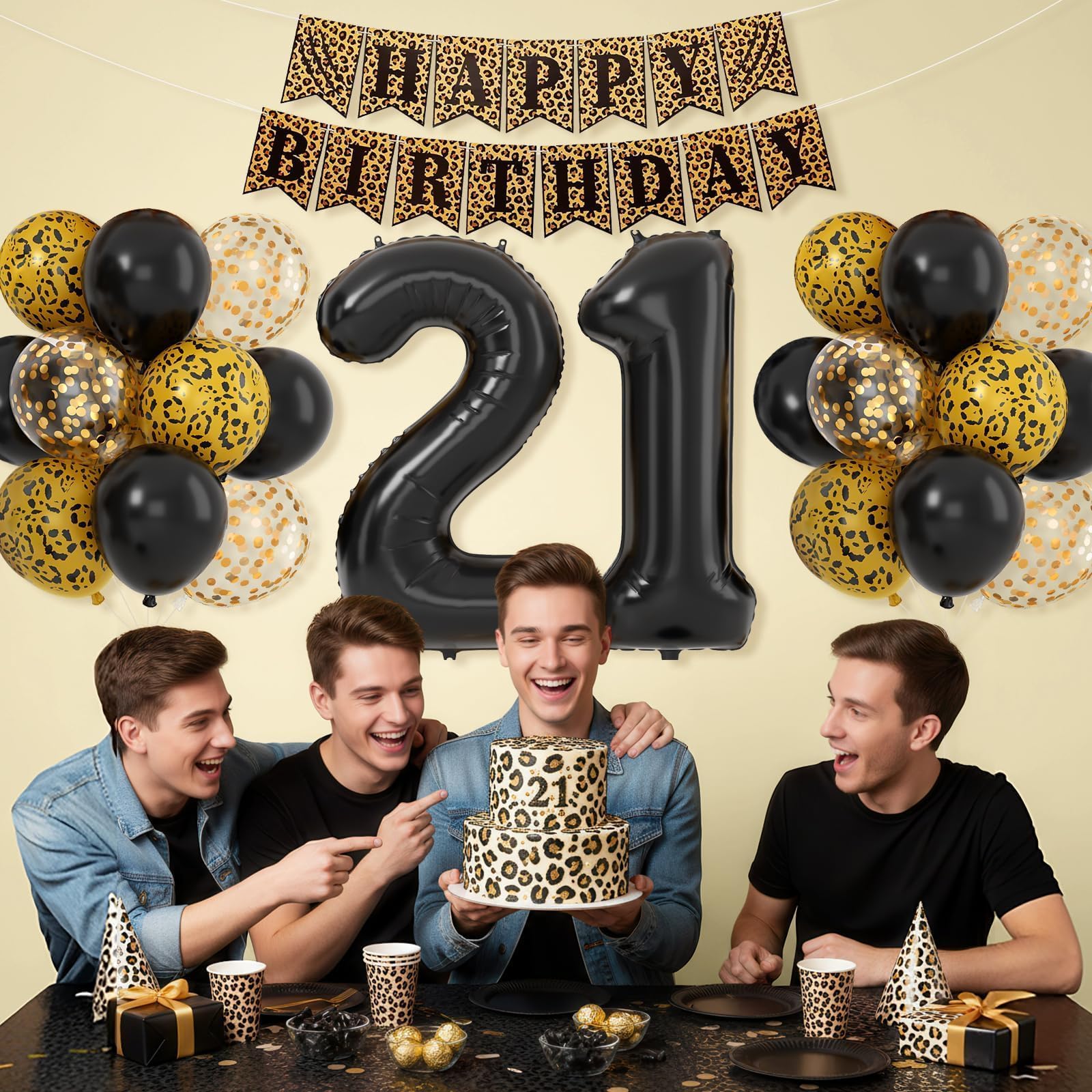 Xinvery 21st Cheetah Birthday Decorations – Black Gold Leopard Balloons, Happy Birthday Banner, 21 Number Balloons