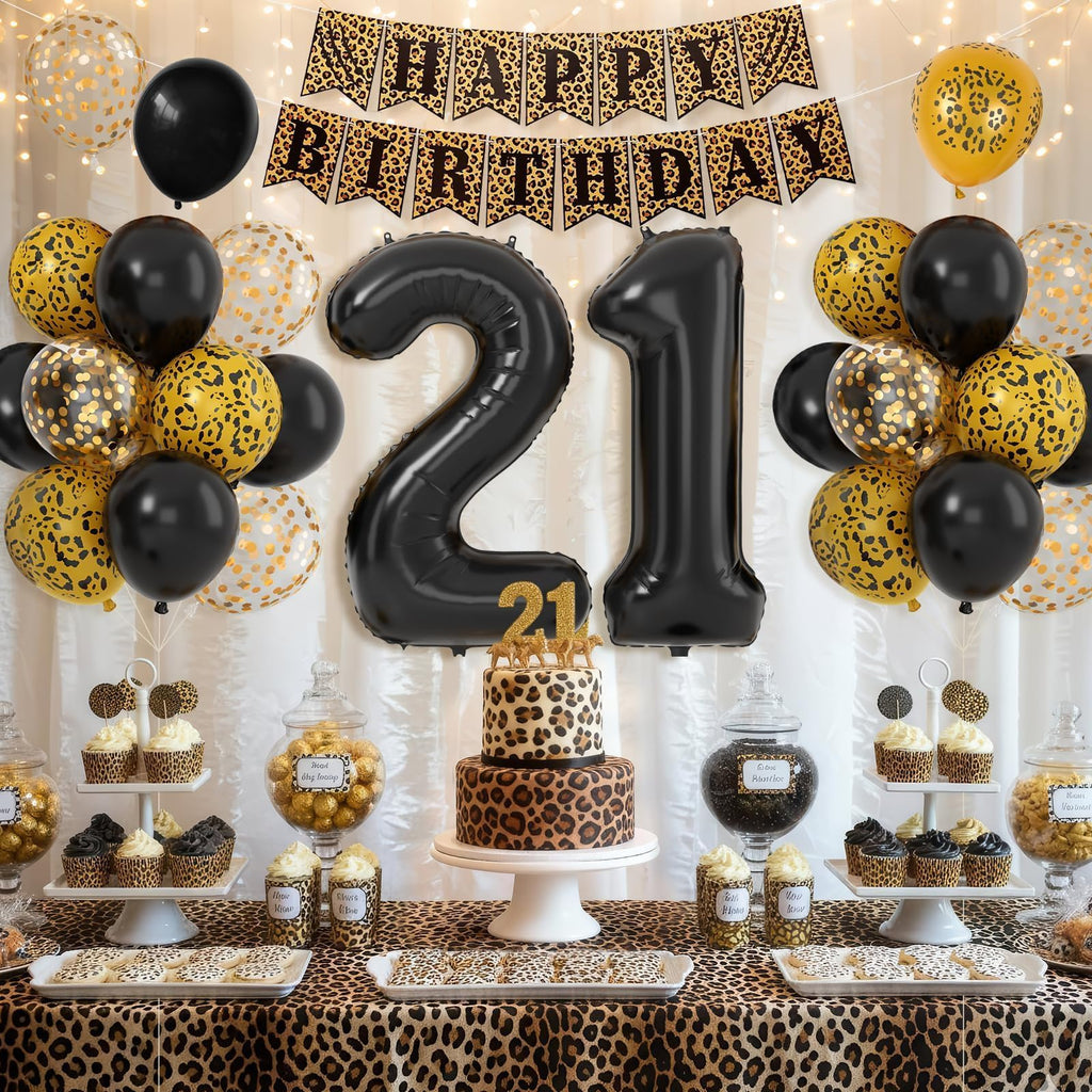 Xinvery 21st Cheetah Birthday Decorations – Black Gold Leopard Balloons, Happy Birthday Banner, 21 Number Balloons