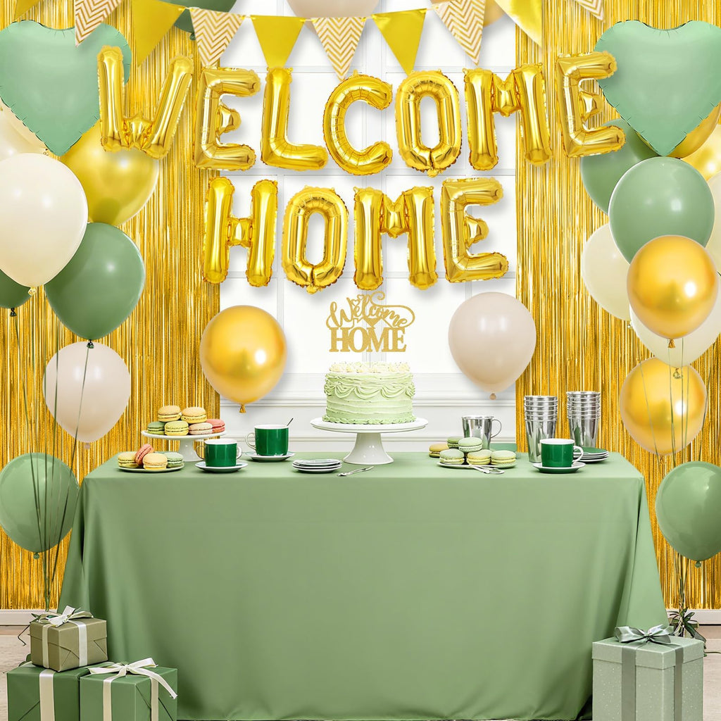 Xinvery Welcome Home Decorations – Sage Green & Gold Balloon Banner & Accessories