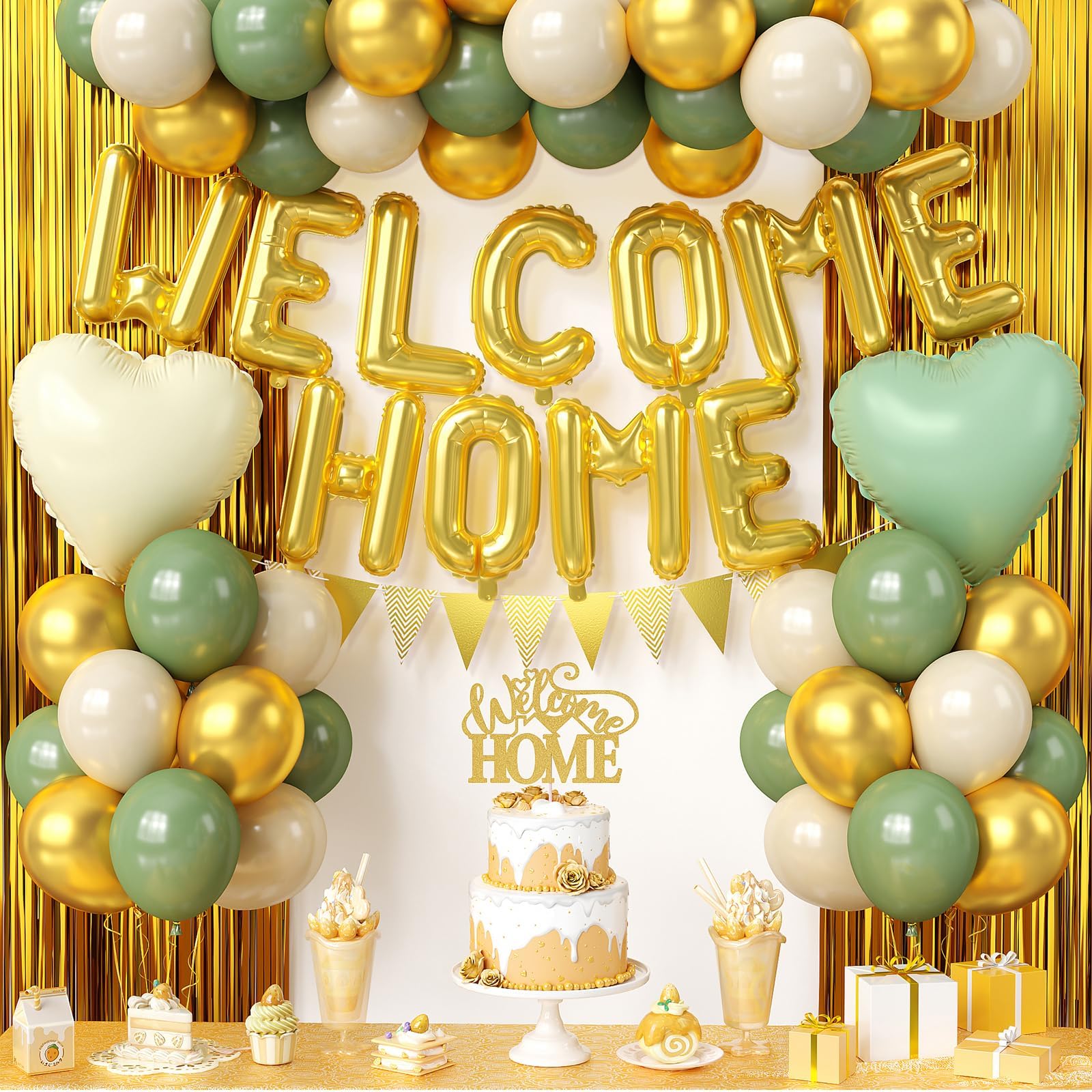 Xinvery Welcome Home Decorations – Sage Green & Gold Balloon Banner & Accessories