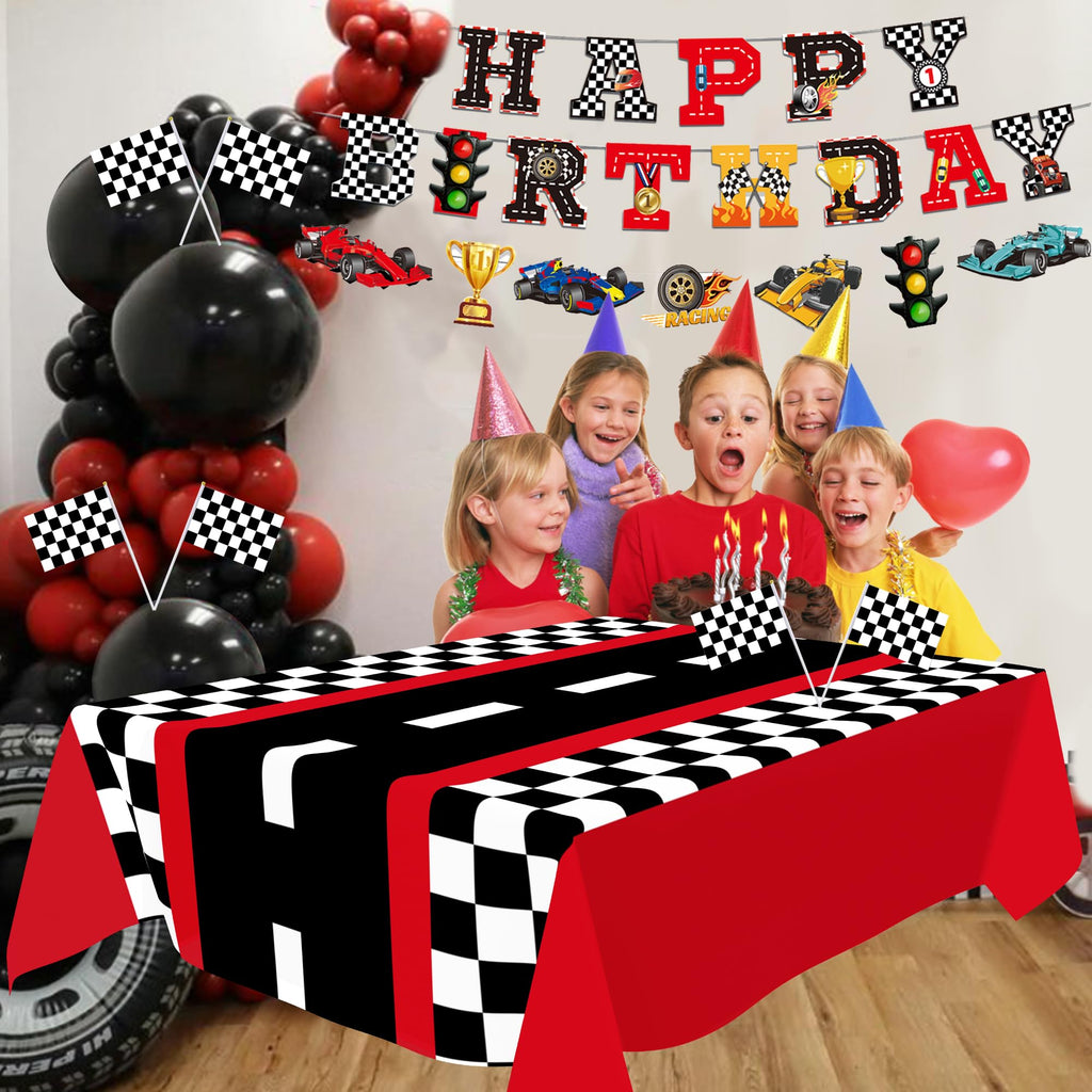 XIPEGPA Race Car Party Decorations - Happy Birthday Banner & Extra Large Tablecloths for Race Car Parties (Red)