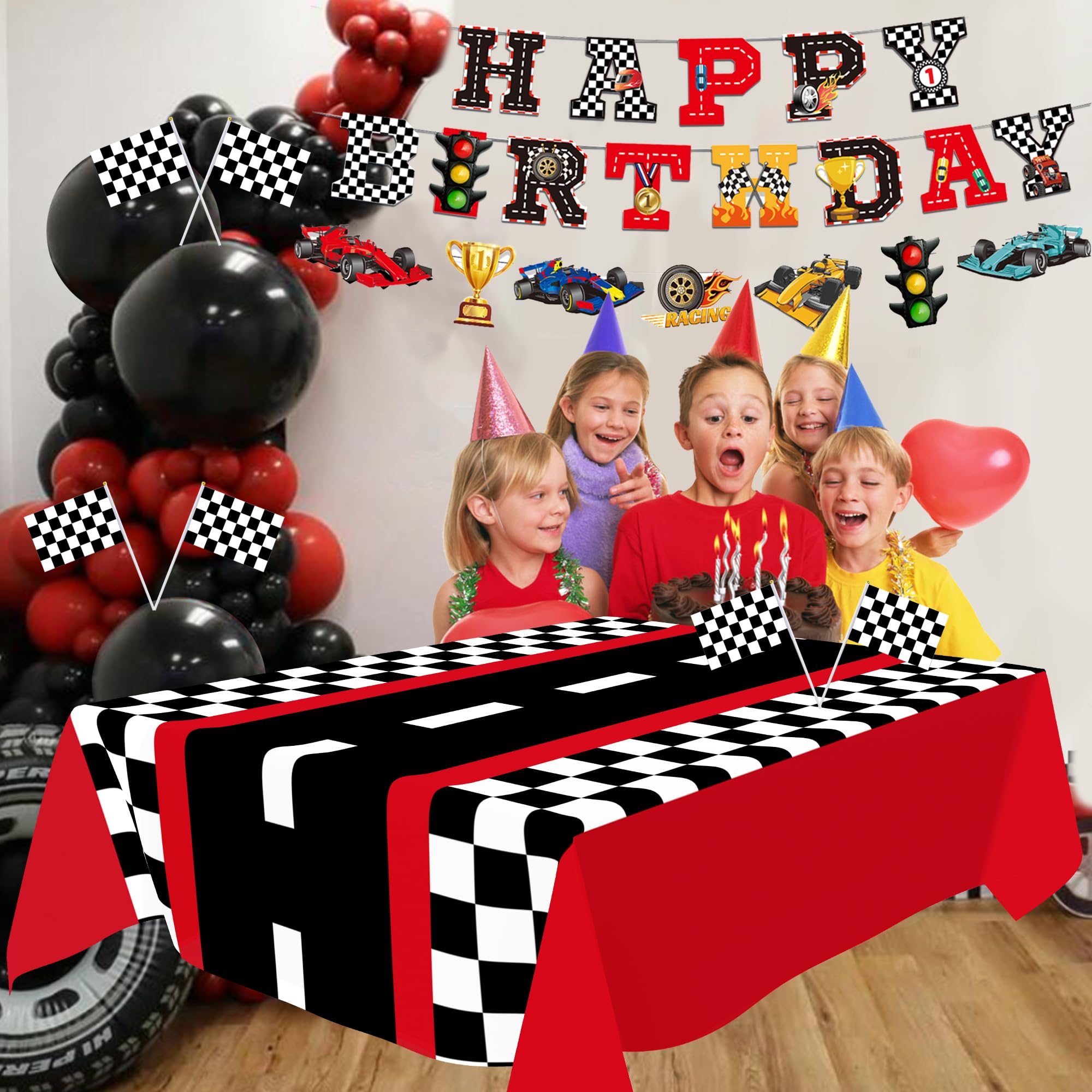 XIPEGPA Race Car Party Decorations - Happy Birthday Banner & Extra Large Tablecloths for Race Car Parties (Red)