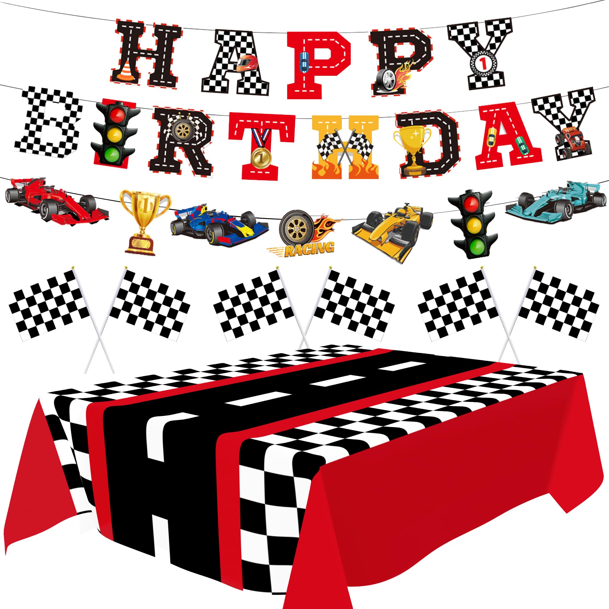 XIPEGPA Race Car Party Decorations - Happy Birthday Banner & Extra Large Tablecloths for Race Car Parties (Red)