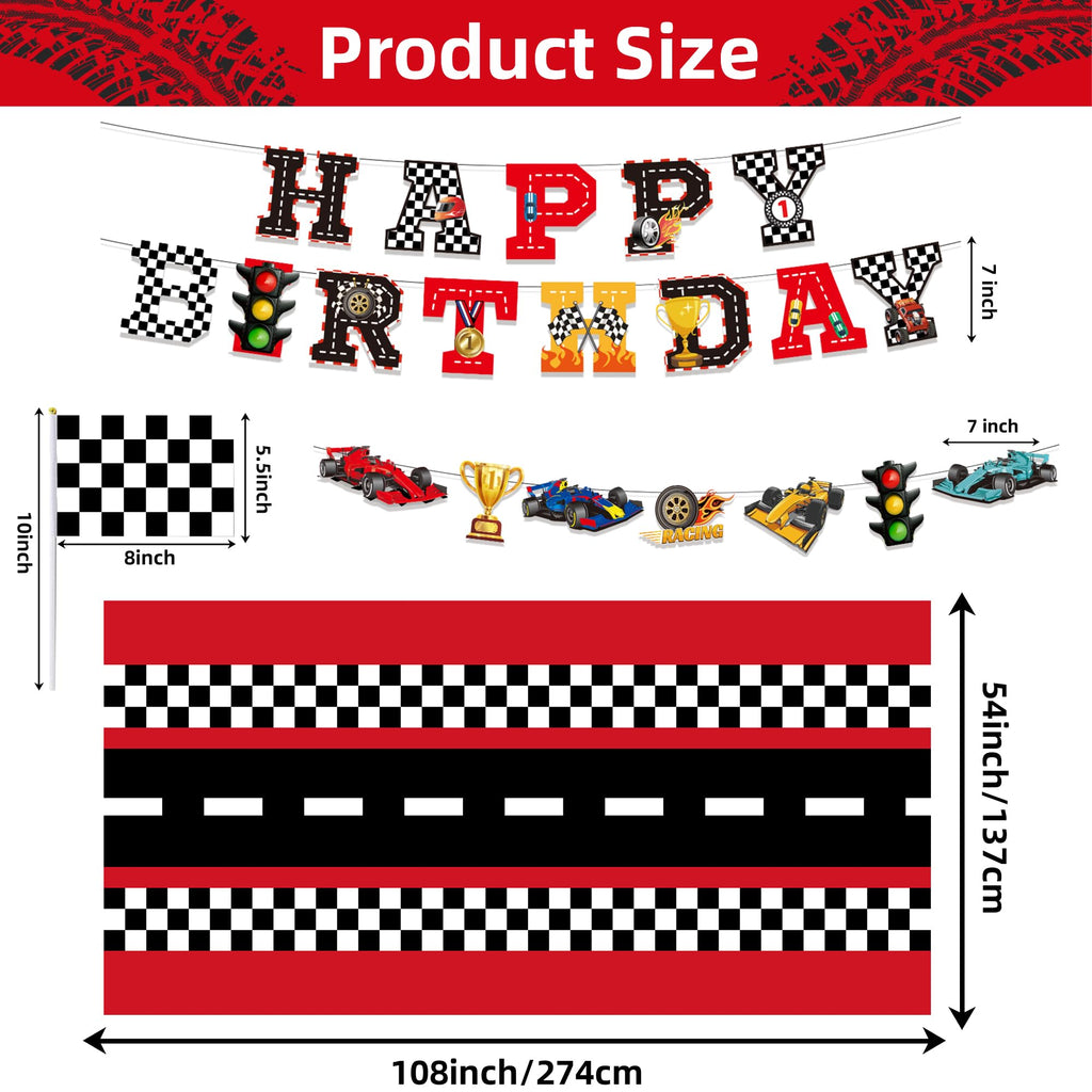 XIPEGPA Race Car Party Decorations - Happy Birthday Banner & Extra Large Tablecloths for Race Car Parties (Red)