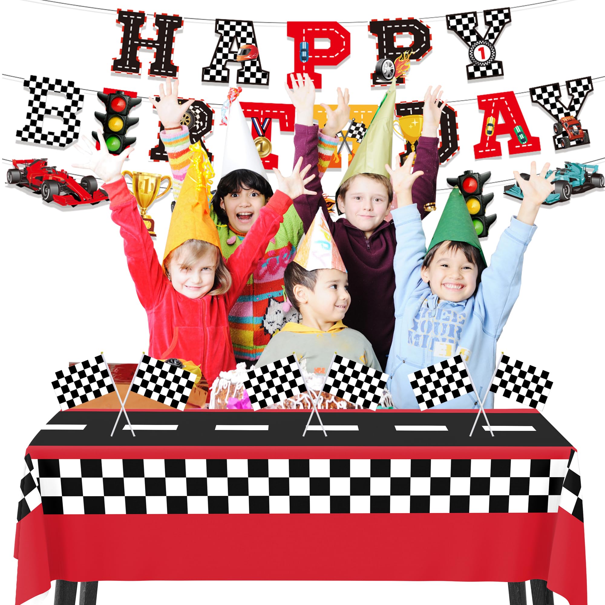 XIPEGPA Race Car Party Decorations - Happy Birthday Banner & Extra Large Tablecloths for Race Car Parties (Red)