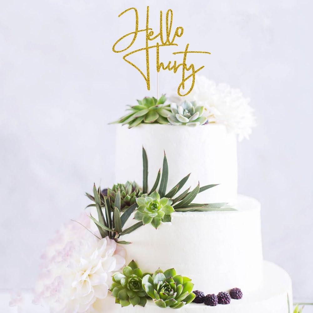 XIUHUBA Hello Thirty Cake Topper – Gold Glitter 30th Birthday