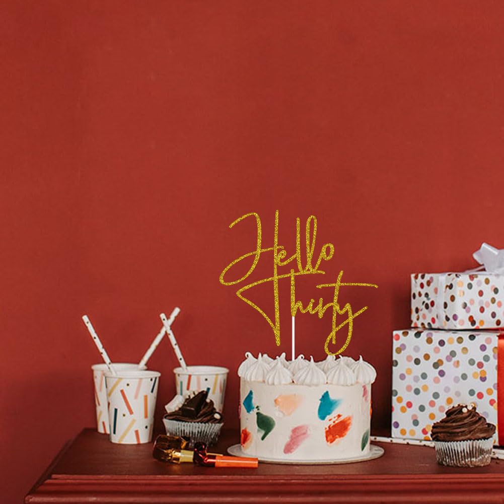XIUHUBA Hello Thirty Cake Topper – Gold Glitter 30th Birthday