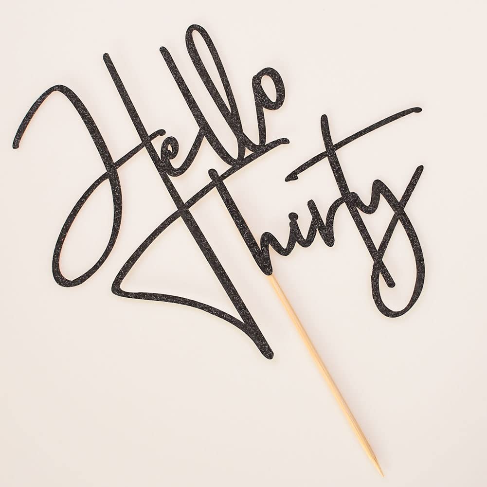 XIUHUBA Hello Thirty Cake Topper – Black Glitter, 6-Inch, Ready-to-Use 30th Birthday Decoration