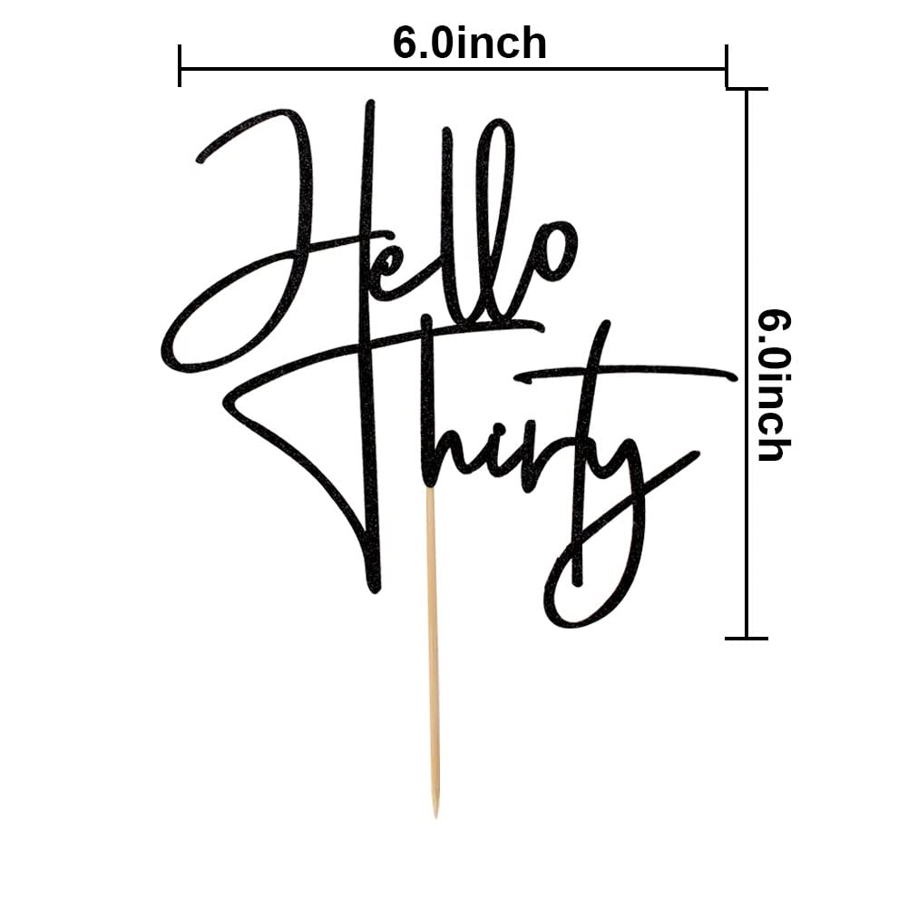 XIUHUBA Hello Thirty Cake Topper – Black Glitter, 6-Inch, Ready-to-Use 30th Birthday Decoration