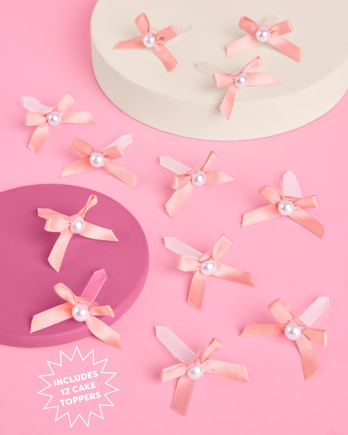 xo, Fetti Mini Pink Bow + Pearl Cake Toppers | 12 Pcs for Parties