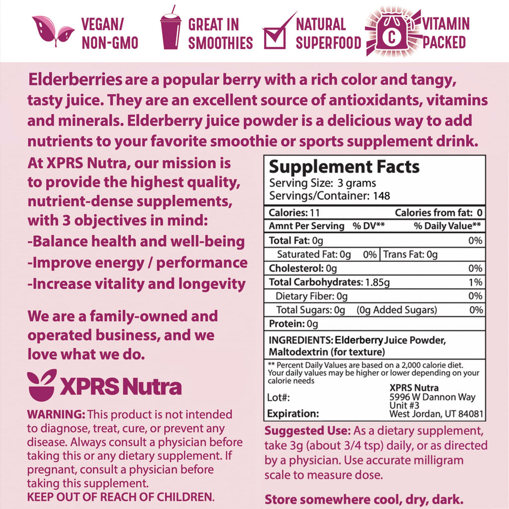 XPRS Nutra Holunderbeerensaftpulver – Bio-Holunderbeerpulver (454 g) | Vitamin A & C