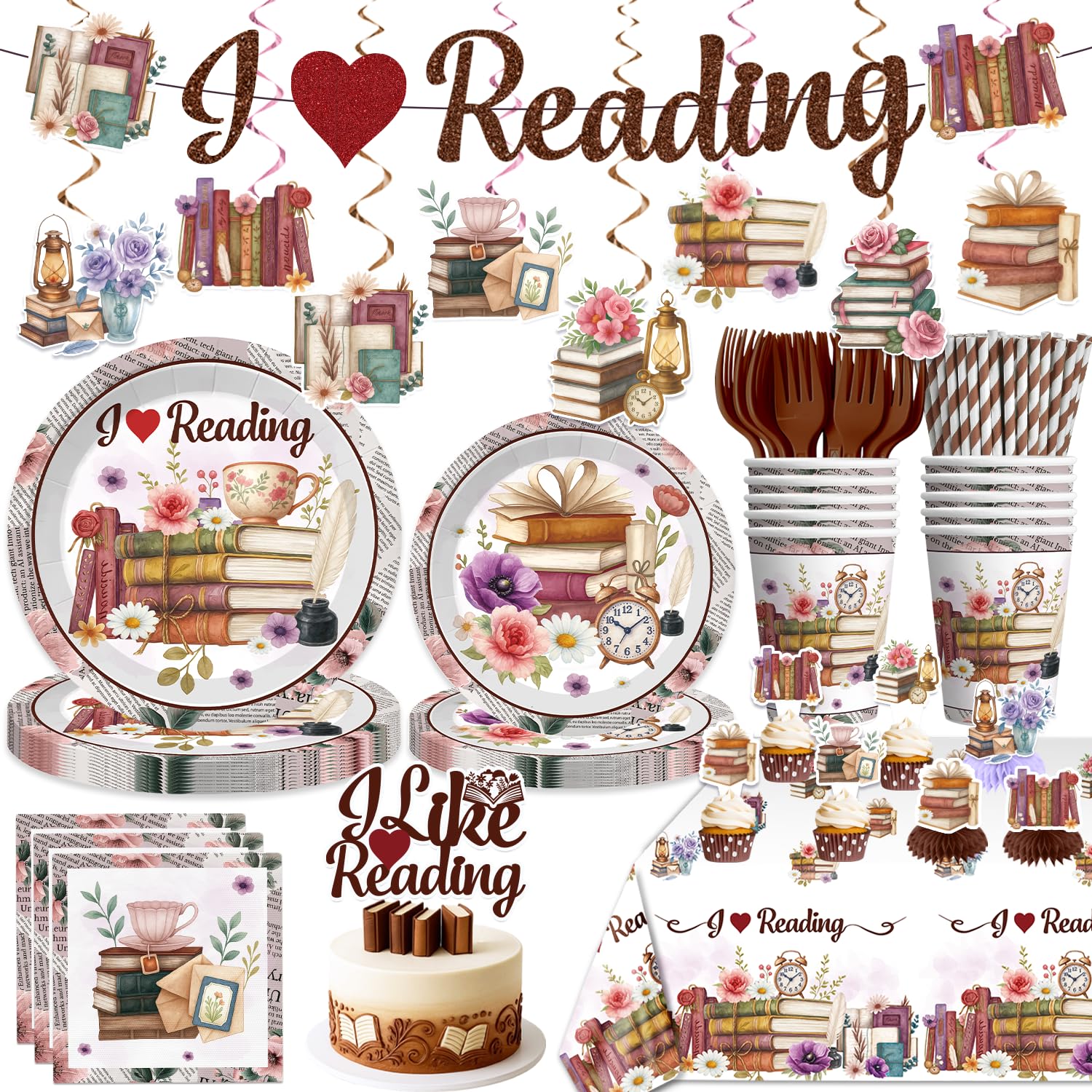 Xynic 177pc Book Themed Party Set – Tableware & Decor for 25 Guests (I Like Reading)