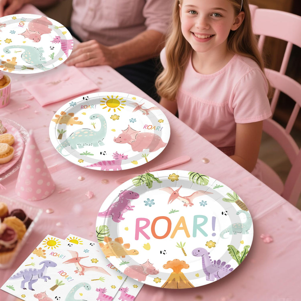 Xynic Pastel Dinosaur Birthday Party Supplies — 201 Pcs Pink Watercolor Girl Dino Theme