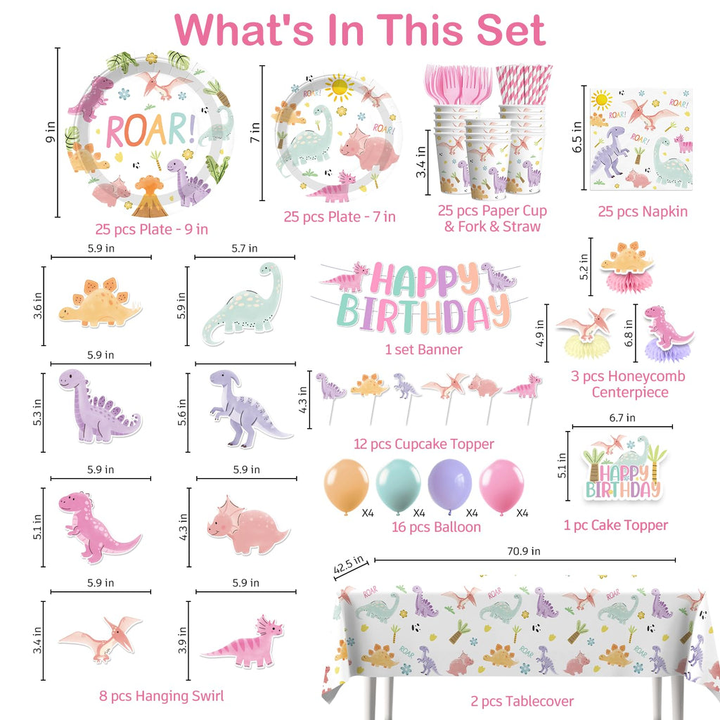 Xynic Pastel Dinosaur Birthday Party Supplies — 201 Pcs Pink Watercolor Girl Dino Theme