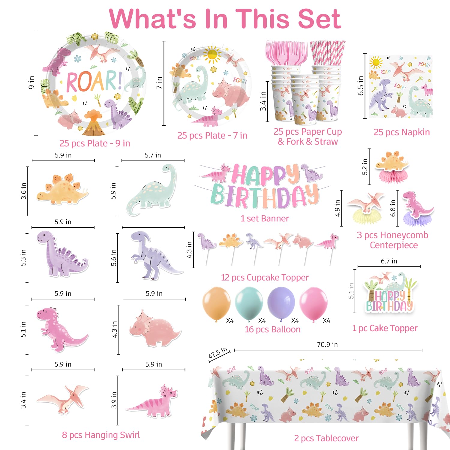 Xynic Pastel Dinosaur Birthday Party Supplies — 201 Pcs Pink Watercolor Girl Dino Theme