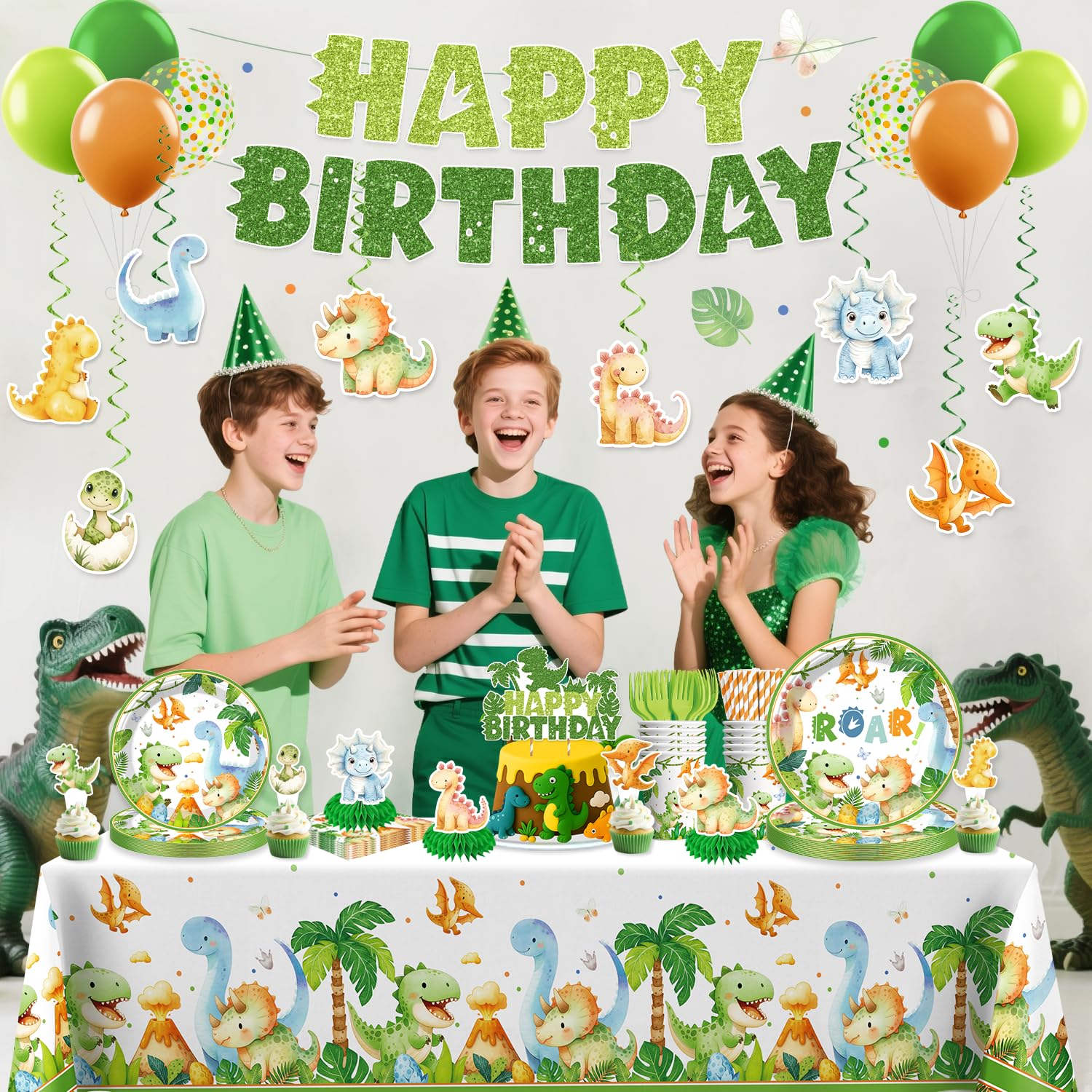 Xynic 201Pcs Dinosaur Birthday Decorations Set – Tableware for 25 Guests