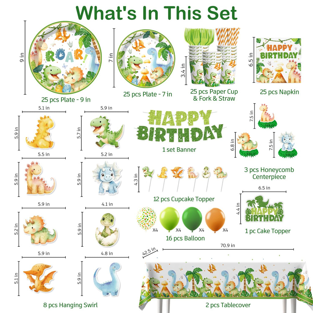 Xynic 201Pcs Dinosaur Birthday Decorations Set – Tableware for 25 Guests