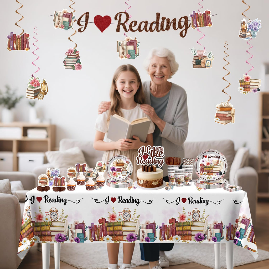 Xynic 177pc Book Themed Party Set – Tableware & Decor for 25 Guests (I Like Reading)