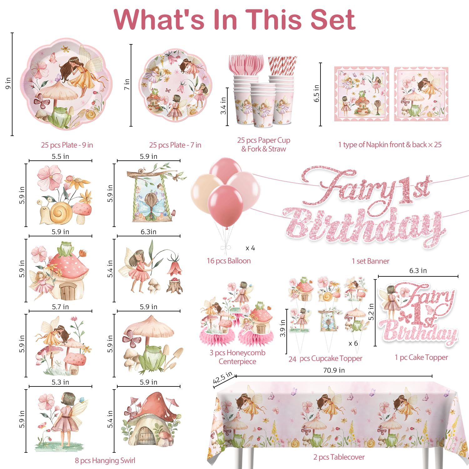 Xynic 213-Piece Fairy First Birthday Decorations Set | Plates, Napkins, Banner & Balloons