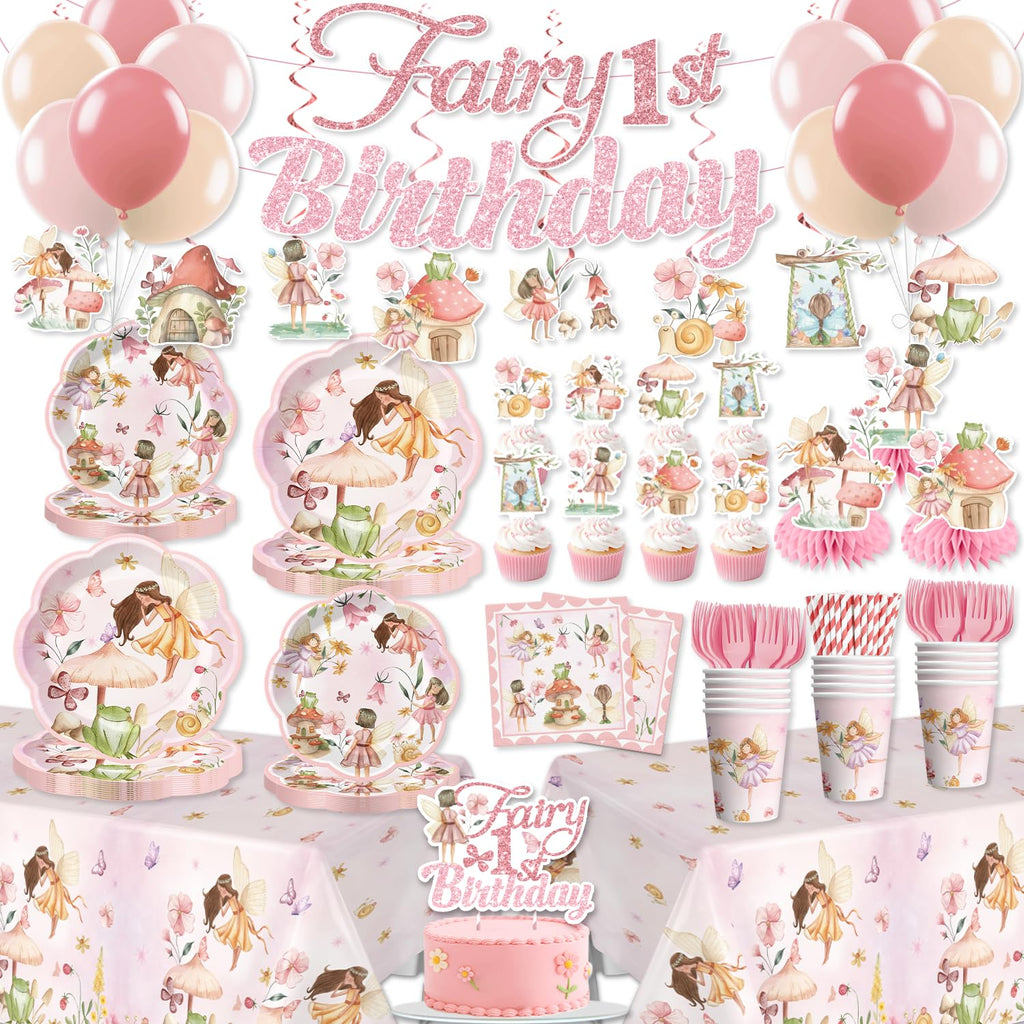 Xynic 213-Piece Fairy First Birthday Decorations Set | Plates, Napkins, Banner & Balloons