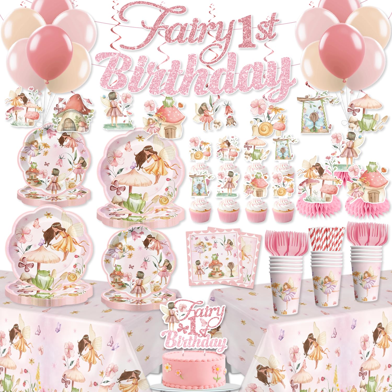 Xynic 213-Piece Fairy First Birthday Decorations Set | Plates, Napkins, Banner & Balloons
